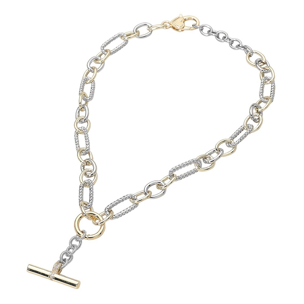 Two-Tone 14KGP Chunky Chain T Bar Necklace